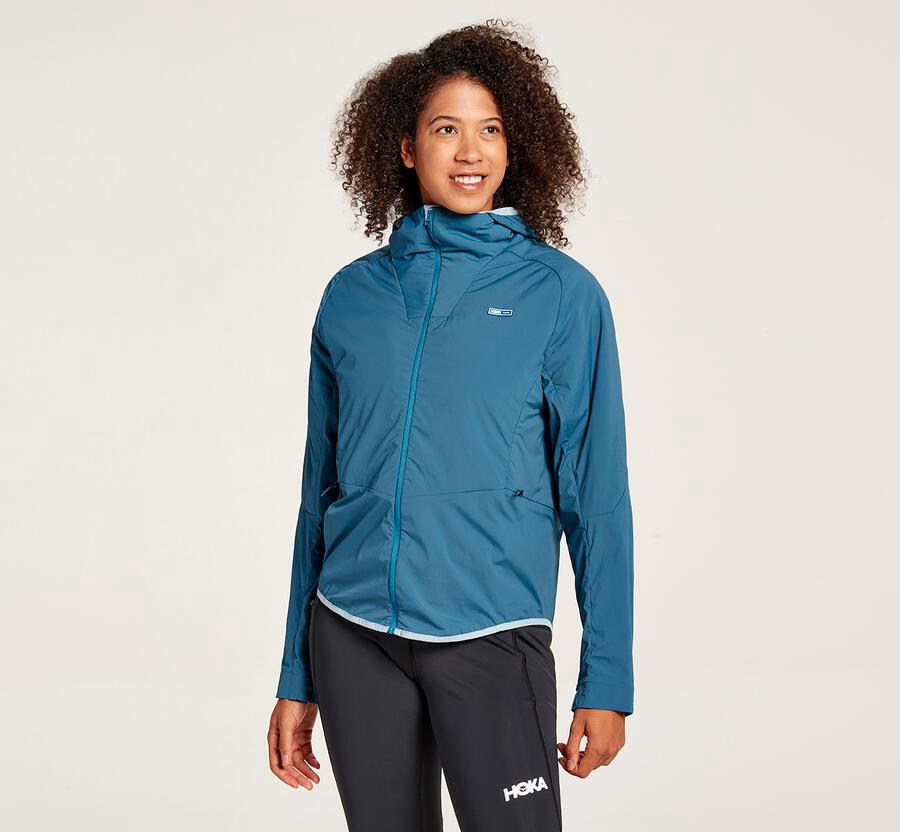 Chaquetas Hoka One One Mujer - Hybrid Run - Azules - TEC403529